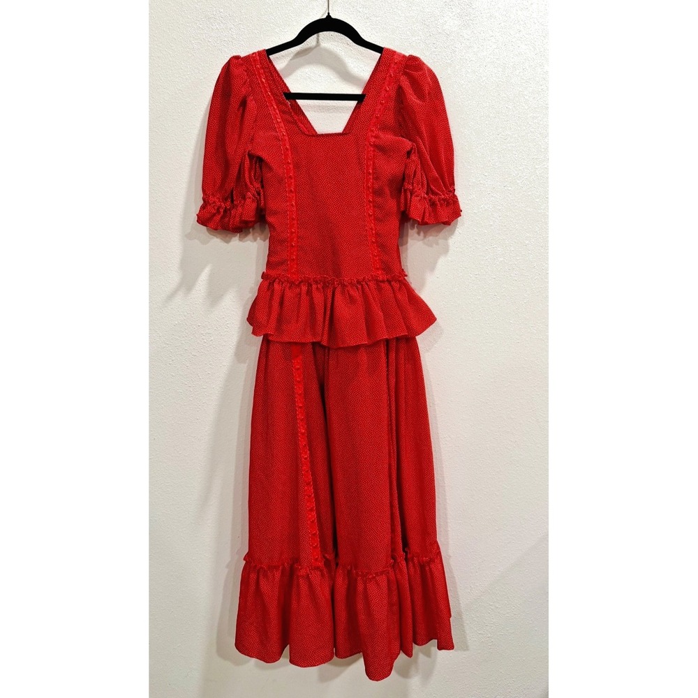 Spanish Flamenco Maxi Dress XS Creaciones Roal Sevilla Red Polka Dot Milkmaid